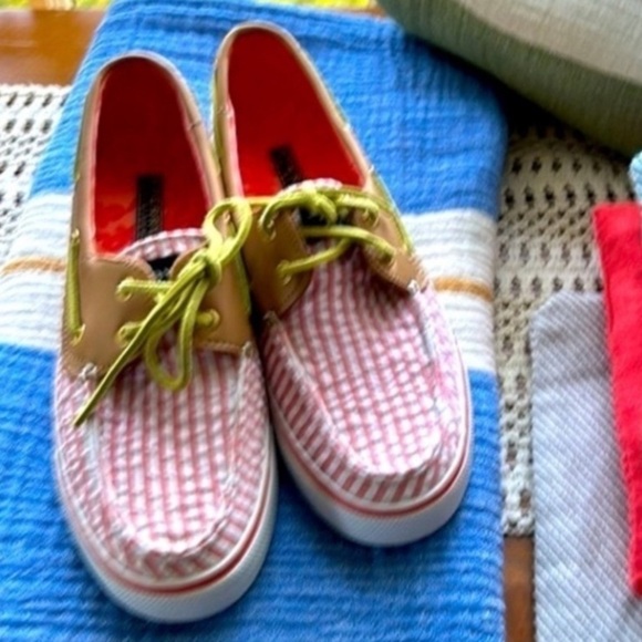 Sperry Shoes - Seersucker Coral White Stripe Boat Shoes Women Size 8 New In Box Sperry Top Line